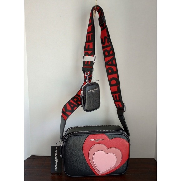 Karl Lagerfeld Paris Maybelle NWT Black Heart Red/Pink Crossbody W/Coin Pouch - Picture 2 of 8